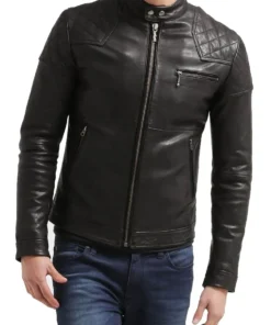 Men’s HJM105 Motorcycle Quilted Shoulder Black Leather Jacket