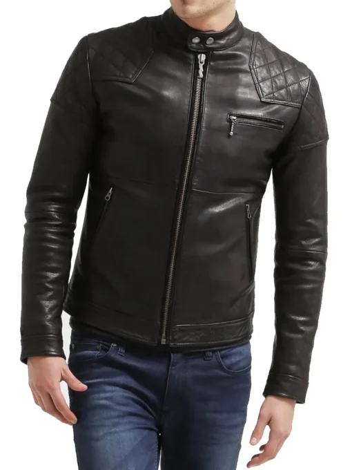 Men’s HJM105 Motorcycle Quilted Shoulder Black Leather Jacket