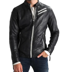 Men’s HJM274 White Zipper Black Leather Motorcycle Jacket