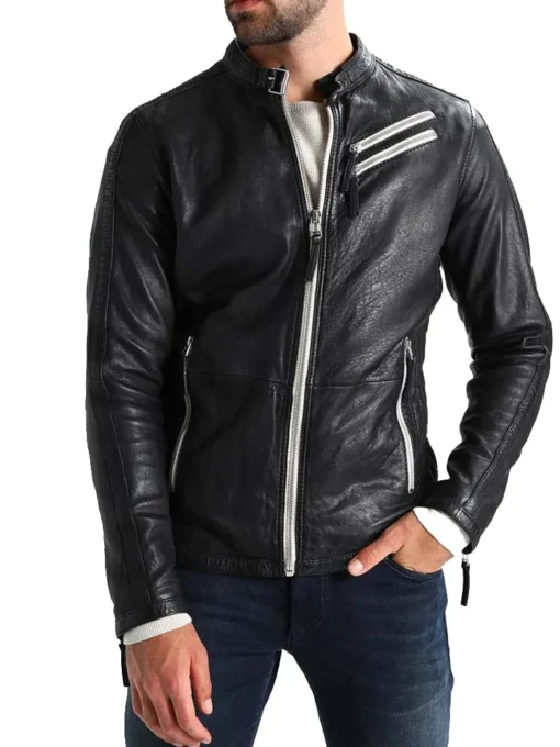 Men’s HJM274 White Zipper Black Leather Motorcycle Jacket