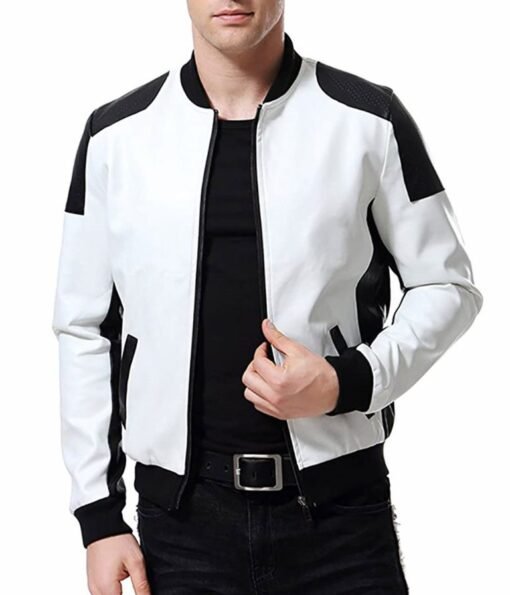 Men’s Biker Black and White Bomber Leather Jacket