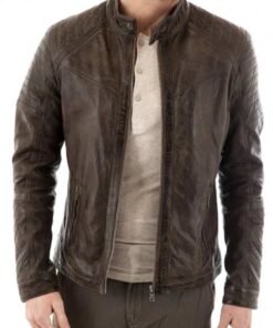 Men’s Quilted Shoulder Biker Style Waxed Brown Leather Jacket