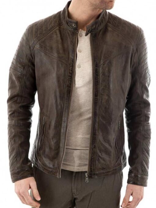 Men’s Quilted Shoulder Biker Style Waxed Brown Leather Jacket
