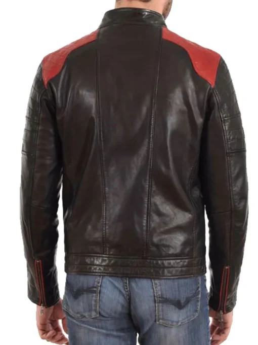 Men’s HJM023 Motorcycle Red Quilted Shoulder Black Leather Jacket