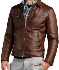 Men’s Shirt Collar Motorcycle Brown Genuine Leather Jacket