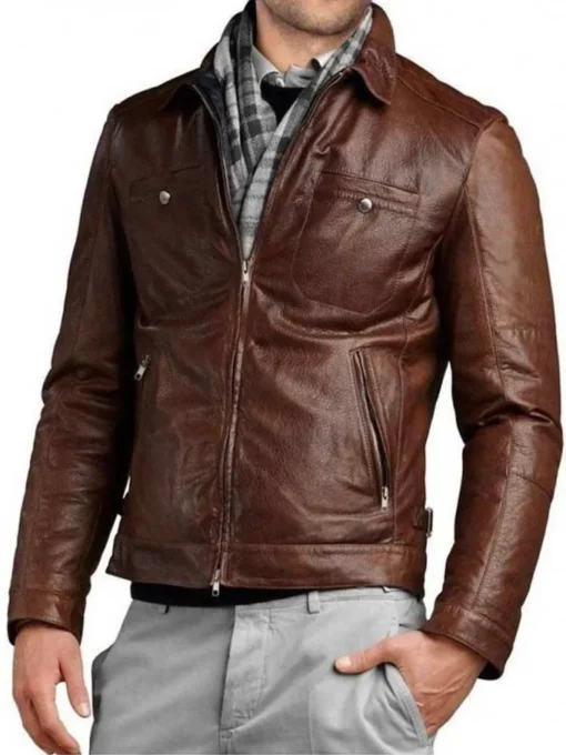 Men’s Shirt Collar Motorcycle Brown Genuine Leather Jacket
