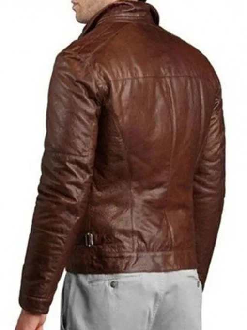 Men’s Shirt Collar Motorcycle Brown Genuine Leather Jacket