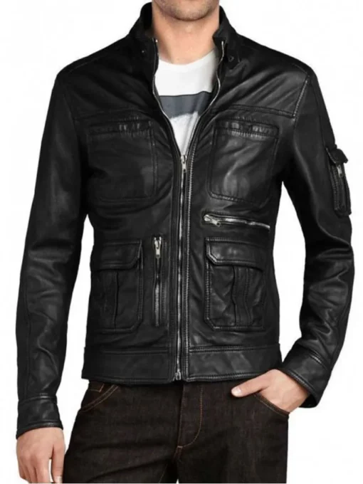 Men’s Slim Fit Multi Pockets New Style Black Leather Jacket