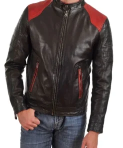 Men’s HJM023 Motorcycle Red Quilted Shoulder Black Leather Jacket