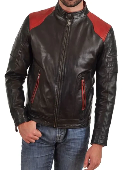 Men’s HJM023 Motorcycle Red Quilted Shoulder Black Leather Jacket