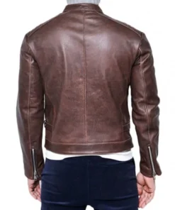 Men’s Snap Tab Collar Zipper Lambskin Brown Leather Jacket