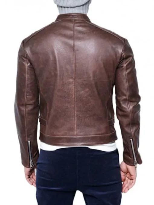 Men’s Snap Tab Collar Zipper Lambskin Brown Leather Jacket
