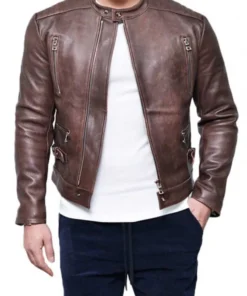 Men’s Snap Tab Collar Zipper Lambskin Brown Leather Jacket