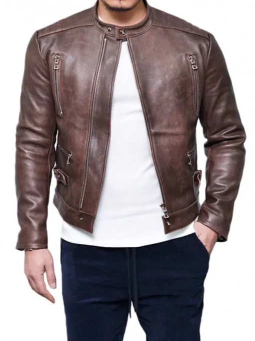 Men’s Snap Tab Collar Zipper Lambskin Brown Leather Jacket
