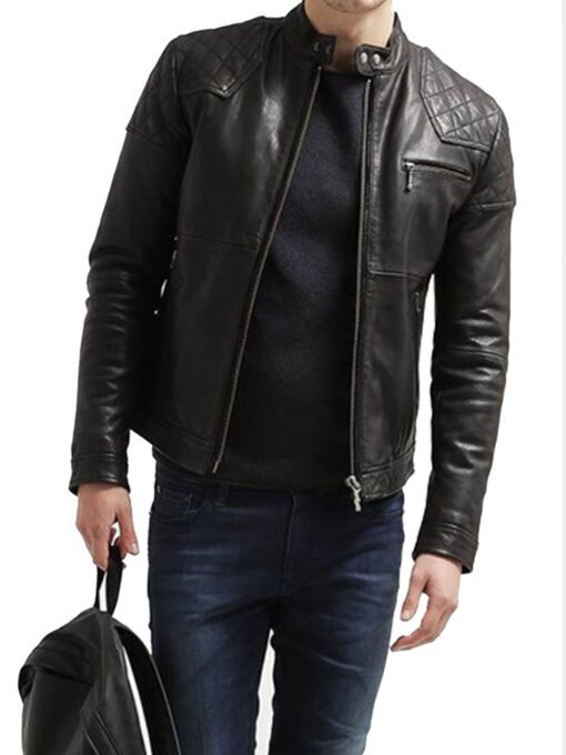 Men’s HJM105 Motorcycle Quilted Shoulder Black Leather Jacket