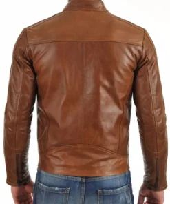 Men’s HJM010 Cafe Racer Motorcycle Brown Leather Jacket