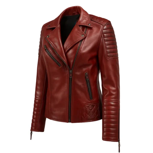 Womens Quilted Merlot Red Leather Biker Jacket