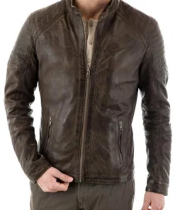 Men’s Quilted Shoulder Biker Style Waxed Brown Leather Jacket