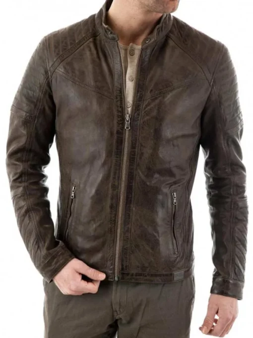 Men’s Quilted Shoulder Biker Style Waxed Brown Leather Jacket