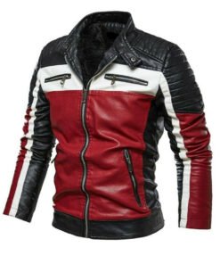 Men’s Slim Fit Black White and Red Motorcycle Leather Jacket