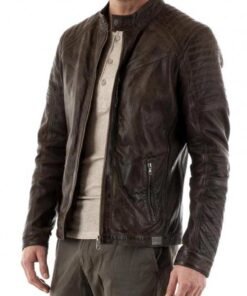 Men’s Quilted Shoulder Biker Style Waxed Brown Leather Jacket