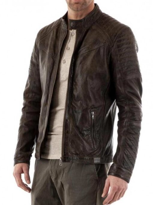 Men’s Quilted Shoulder Biker Style Waxed Brown Leather Jacket