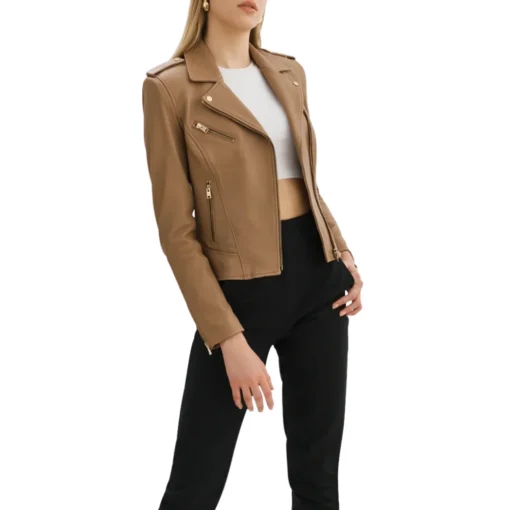Womens Asymmetrical Beige Leather Jacket