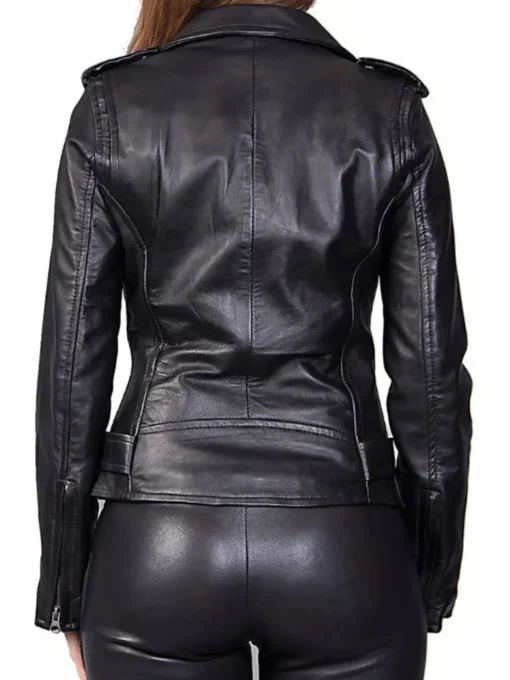 Women’s HJ026 Asymmetrical Biker Belted Black Leather Jacket
