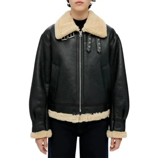 Womens Black Aviator Shearling Leather Jacket