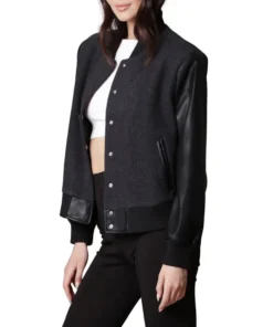 Womens Black Letterman Varsity Jacket With Leather Sleeves