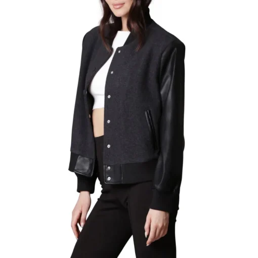 Womens Black Letterman Varsity Jacket With Leather Sleeves