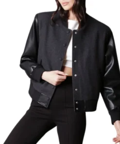 Womens Black Letterman Varsity Jacket With Leather Sleeves