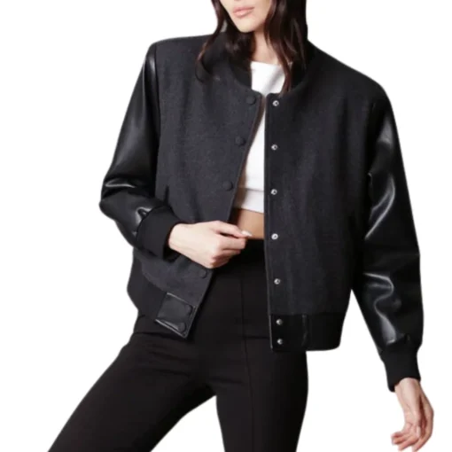 Womens Black Letterman Varsity Jacket With Leather Sleeves