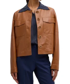 Womens Brown Button Down Collarless Leather Jacket