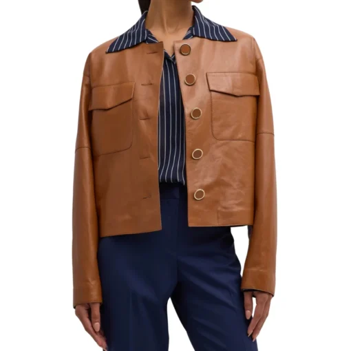 Womens Brown Button Down Collarless Leather Jacket