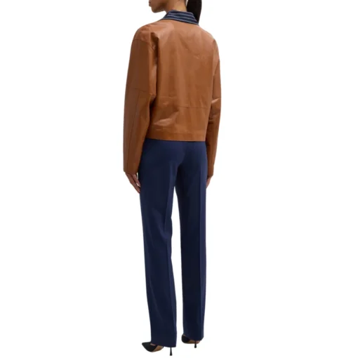 Womens Brown Button Down Collarless Leather Jacket