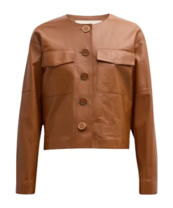 Womens Brown Button Down Collarless Leather Jacket