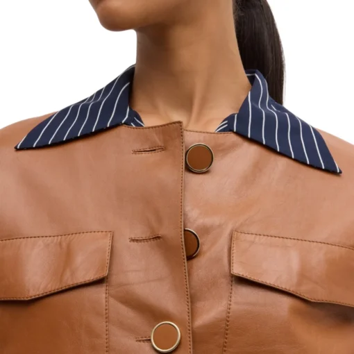 Womens Brown Button Down Collarless Leather Jacket