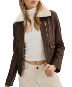 Womens Brown Leather Aviator Jacket Shearling Collar