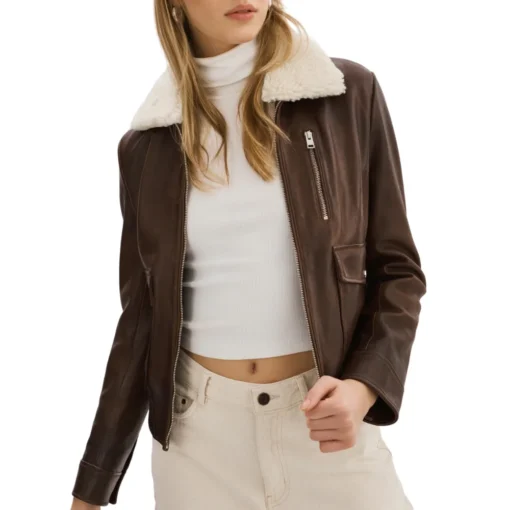 Womens Brown Leather Aviator Jacket Shearling Collar