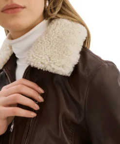 Womens Brown Leather Aviator Jacket Shearling Collar