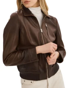 Womens Brown Leather Aviator Jacket Shearling Collar