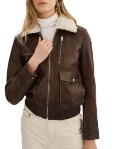Womens Brown Leather Aviator Jacket Shearling Collar