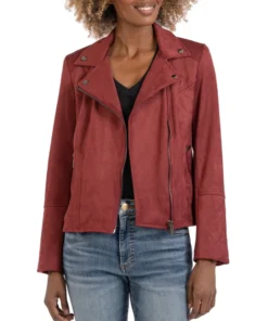 Womens Maroon Asymmetrical Suede Moto Jacket