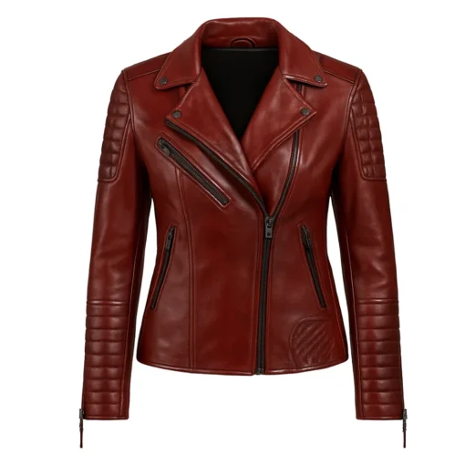 Womens Quilted Merlot Red Leather Biker Jacket