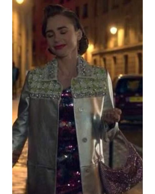 Emily in Paris S02 Studded Cream Leather Jacket