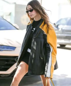 Hailey Bieber Black and Yellow Leather Jacket