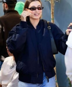 Hailey Bieber Navy Blue Bomber Jacket