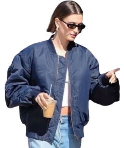 Hailey Bieber Navy Blue Bomber Jacket