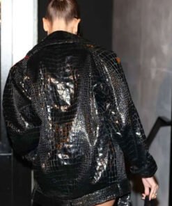 Hailey Bieber Paris Fashion Week Black Leather Jacket